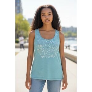 Chicos Teal White Striped Sequin Tank Top Size 0 Small